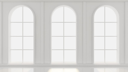 White empty interior, white room with windows, background. 3d illustration, 3d rendering.