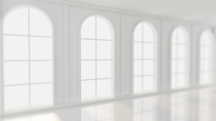 White empty interior, white room with windows, background. 3d illustration, 3d rendering.