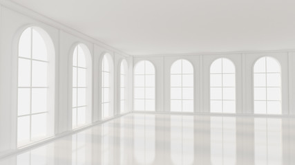 White empty interior, white room with windows, background. 3d illustration, 3d rendering.