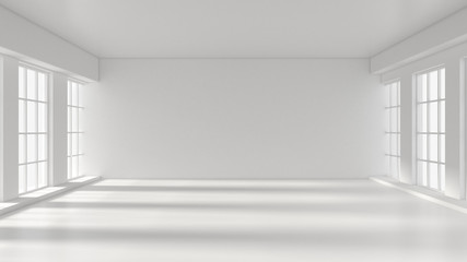 Fototapeta na wymiar White empty interior, white room with windows, background. 3d illustration, 3d rendering.