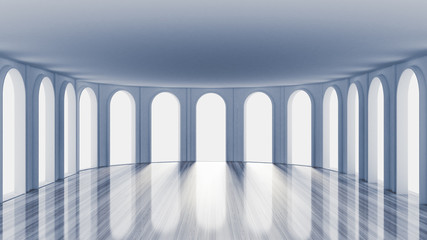 Obraz premium White empty interior, white room with windows, background. 3d illustration, 3d rendering.