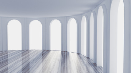 White empty interior, white room with windows, background. 3d illustration, 3d rendering.