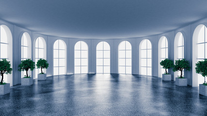 White empty interior, room with windows. 3d illustration, 3d rendering.