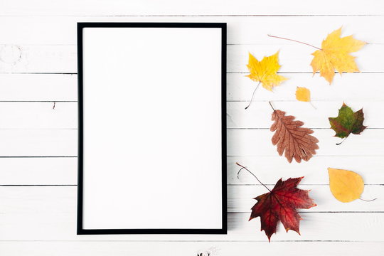 Autumn composition. Colorful leaves, front view of empty photo frame on white wooden rustic background. Autumn concept. Flat lay, top view, copy space 