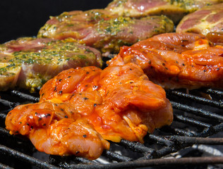 Some pieces of marinated meat on a grill 