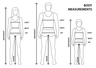 Vector illustration of contoured man, women and boy in full length with measurement lines of body parameters. Man, women and child sizes measurements. Human body measurements and proportions.  - 221000531