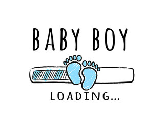 Progress bar with inscription - Baby boy loading and kid footprints in sketchy style. Vector illustration for t-shirt design, poster, card, baby shower decoration. - 221000727