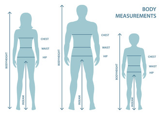 Silhouttes of man, women and boy in full length with measurement lines of body parameters . Man, women and child sizes measurements. Human body measurements and proportions. - 221000732