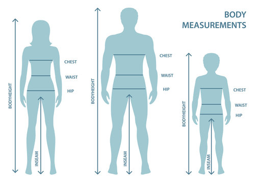 Silhouttes of man, women and boy in full length with measurement lines of body parameters . Man, women and child sizes measurements. Human body measurements and proportions.