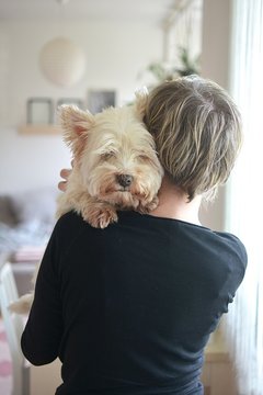 woman holding a dog in her arms