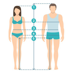 Vector illustration of man and women in full length with measurement lines of body parameters . Man and women sizes measurements. Human body measurements and proportions. Flat design. - 221000994