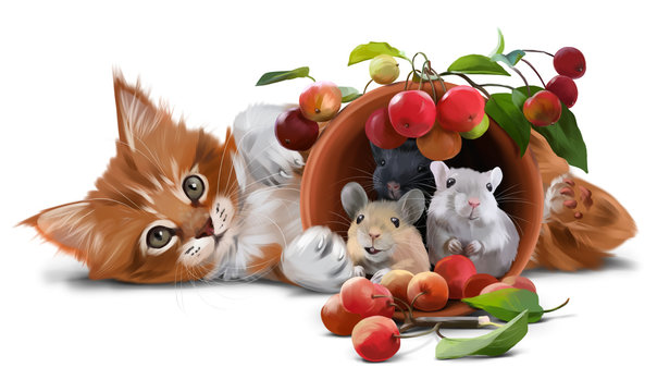Red kitten, mice and small apples