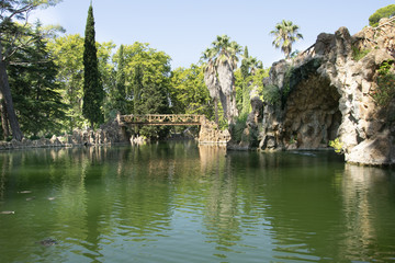 Fototapeta na wymiar Vista del estanque donde se divisa un puente para cruzarlo.