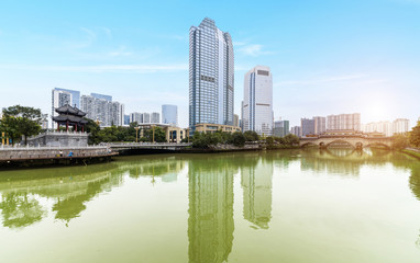 Fototapeta na wymiar Riverside Park and skyscraper in Guangzhou, China
