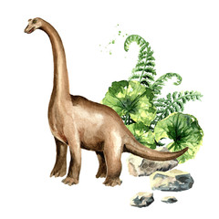 Brachiosaurus dinosaur with prehistorical plants. Watercolor hand drawn illustration, isolated on white background