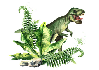 Dinosaur Tyrannosaurus Rex  in prehistorical landscape. Watercolor hand drawn illustration, isolated on white background