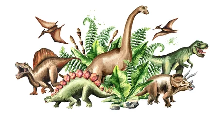 Poster Group of dinosaurs with prehistoric plants. Watercolor hand drawn illustration isolated on white background © dariaustiugova