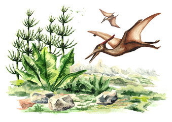 Pterodactyl dinosaur  in prehistorical landscape. Watercolor hand drawn illustration  isolated on white background © dariaustiugova