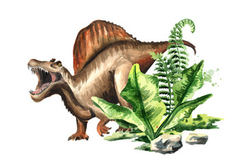 Spinosaurus dinosaur with prehistorical plants. Watercolor hand drawn illustration, isolated on white background