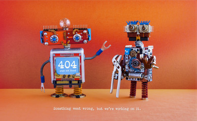 404 error page not found. Serviceman robots with pliers on red orange background. Text message...