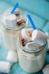 Chocolate Nice cream on wooden background, copy space. Homemade vegan - healthy summer dessert.