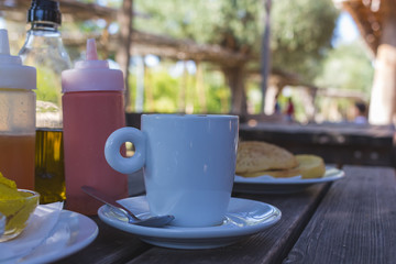 Colorful breakfast outdoors on a sunny day