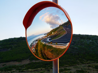 Round traffic mirror reflecting