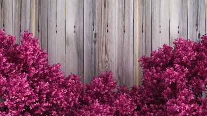 Beautiful pink background with leaves and wood texture, season of the year. 3d illustration, 3d rendering.