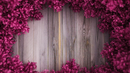 Beautiful pink background with leaves and wood texture, season of the year. 3d illustration, 3d rendering.