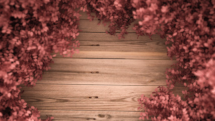 Beautiful pink background with leaves and wood texture, season of the year. 3d illustration, 3d rendering.