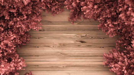 Beautiful pink background with leaves and wood texture, season of the year. 3d illustration, 3d rendering.