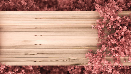 Beautiful pink background with leaves and wood texture, season of the year. 3d illustration, 3d rendering.