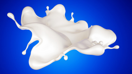 Obraz premium A splash of milk on a blue background. 3d illustration, 3d rendering.