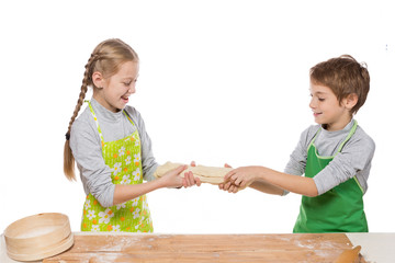 boy and girl prepare dough for baking, indulge and have fun, laugh and emotions, on white background, isolate