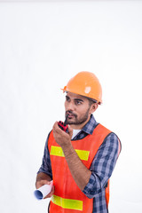 Construction worker wearing safety vest isolated on white,Arabian engineer smile
