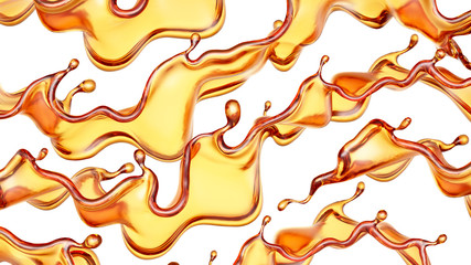 Splash of a transparent orange liquid on a white background. 3d illustration, 3d rendering.