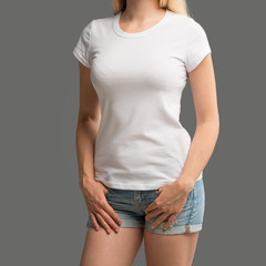 T-shirt design and people concept - close up of young woman in blank white t-shirt, shirt front and rear isolated. Mock up.