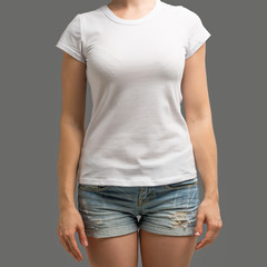 T-shirt design and people concept - close up of young woman in blank white t-shirt, shirt front and rear isolated. Mock up.