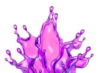 A splash of transparent purple liquid on a white background. 3d illustration, 3d rendering.