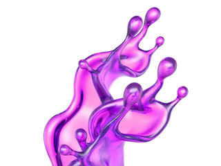 A splash of transparent purple liquid on a white background. 3d illustration, 3d rendering.