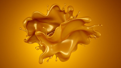 Golden splash of caramel on a yellow background. 3d illustration, 3d rendering.