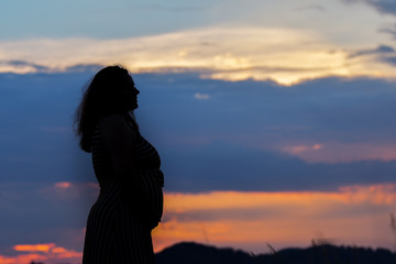 One pregnant woman on sunset landscape