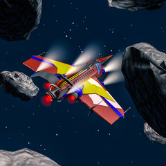 3D model of interstellar aircraft flying through meteorites in space. 3D rendering © toomler