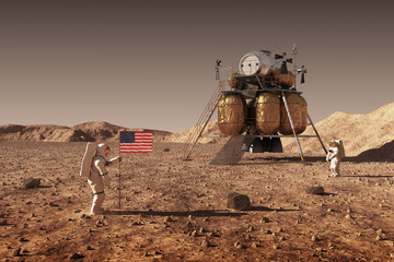 Astronauts Set An American Flag On The Planet Mars. 3D Illustration. © 3dsculptor