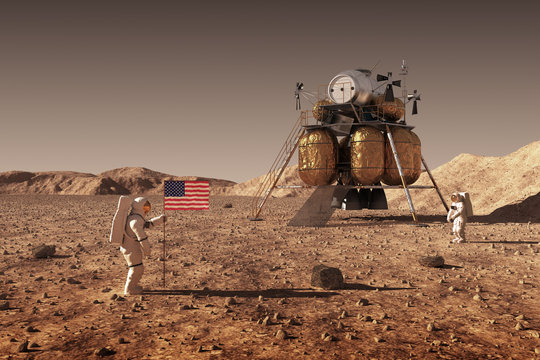 Astronauts Set An American Flag On The Planet Mars. 3D Illustration.
