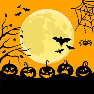Halloween night background with pumpkins and the full moon