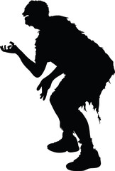 A silhouette illustration of a tattered, rotting zombie with hand outstretched, begging for brains to eat.