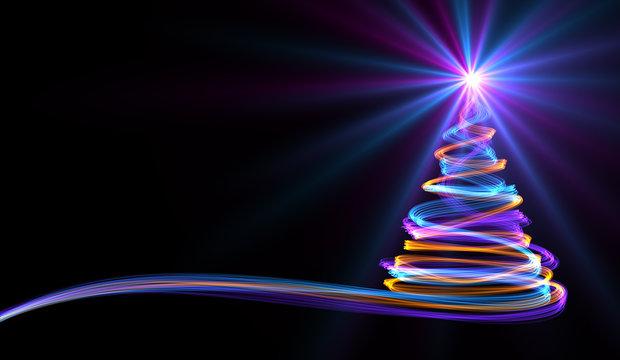 Christmas Tree From Yellow, Blue And Purple Neon Streaks. 3D Illustration.