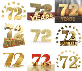 Set of golden digit from ten to ninety, decorated with a circle of stars. 3D illustration