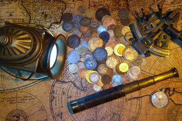 Fototapeta na wymiar Ship lantern, compass, old coins and sextants. Travel and marine engraving background.Pirate map. Retro style.
